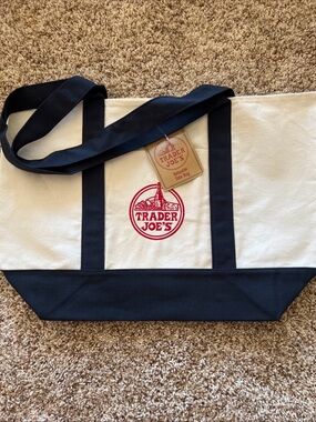 Trader Joe's Canvas Tote Bag in Cream and Navy